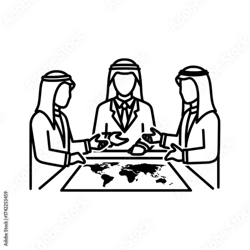 Arab businessmen discussing global business strategy around world map.