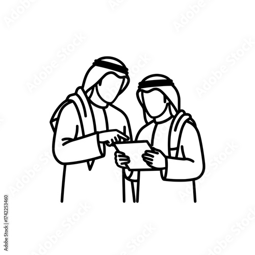 Two Arab men looking at a tablet together discussing and pointing.