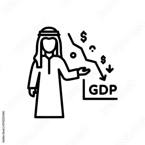 Arab man pointing at decreasing GDP with dollar signs economic crisis concept.