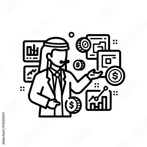 Arab businessman presenting financial data and investment strategies with charts and coins.