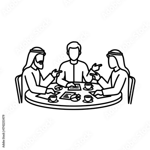 Business meeting of three men discussing financial reports and charts.