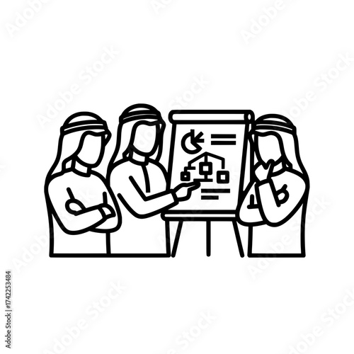 Arabian business people discussing a presentation on a flip chart.