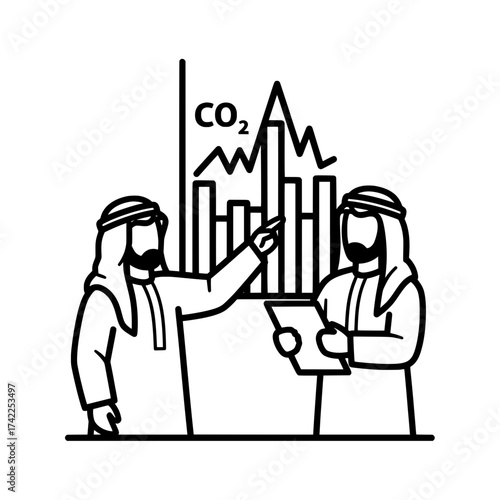 Two Arab men discussing CO2 emissions and environmental data analysis.