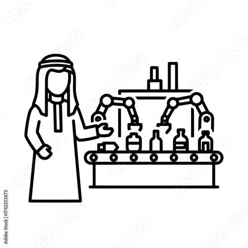 Arab man overseeing automated factory production line with robotic arms.