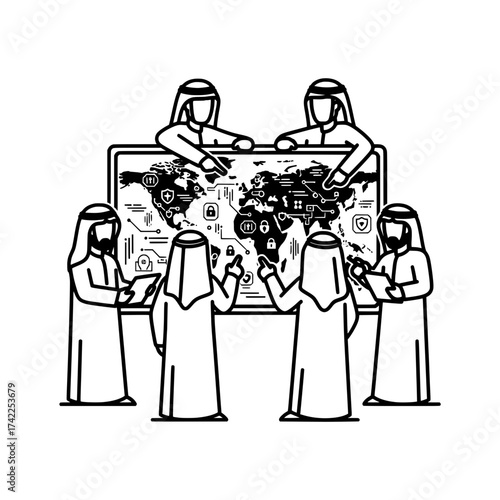 Arabian business people discussing global data analysis on world map.