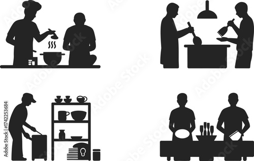 Silhouettes of people engaged in various kitchen activities, representing teamwork and culinary tasks.