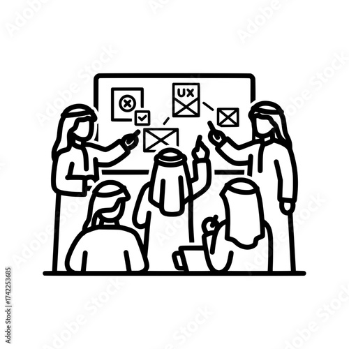 Team of Middle Eastern people discussing UX design on a whiteboard.