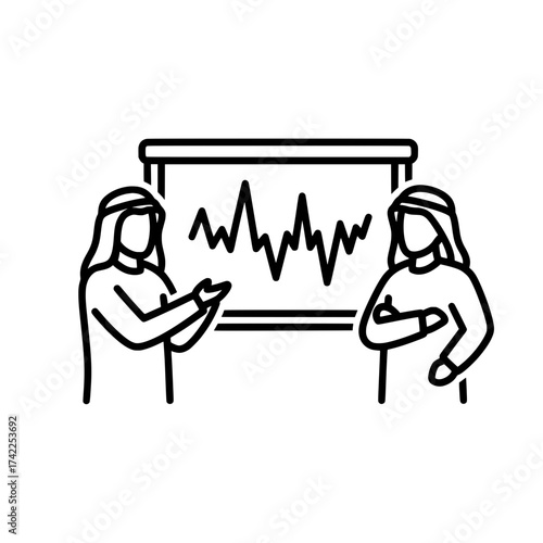 Two Arab men are discussing a graph on a presentation board.