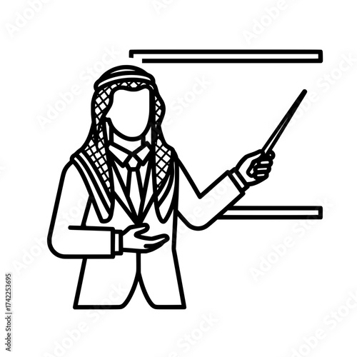 Arab man in traditional attire pointing at a presentation board.