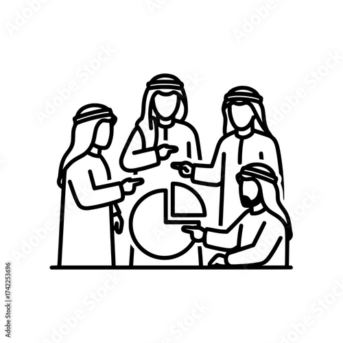 Arab business people analyzing a pie chart teamwork and collaboration.