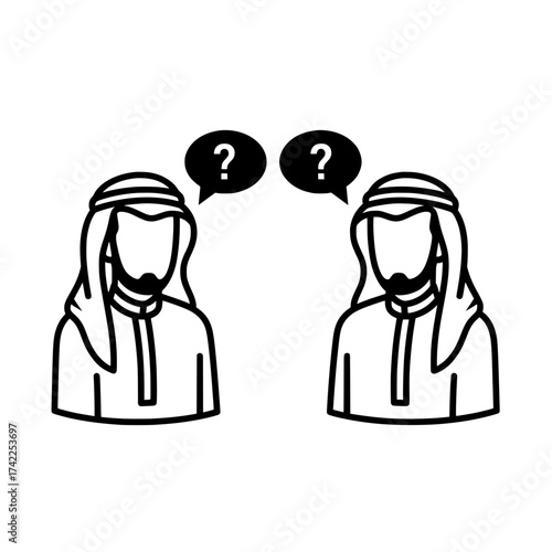 Two Arab men with question marks in speech bubbles representing confusion and inquiry.