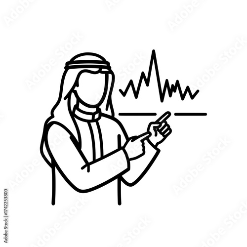 Arab man presenting financial data analysis with graph and pointing finger.