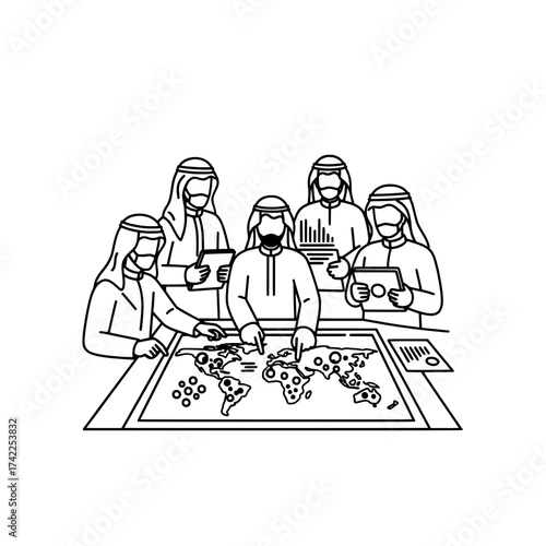 Arab businessmen in traditional attire analyzing world map.