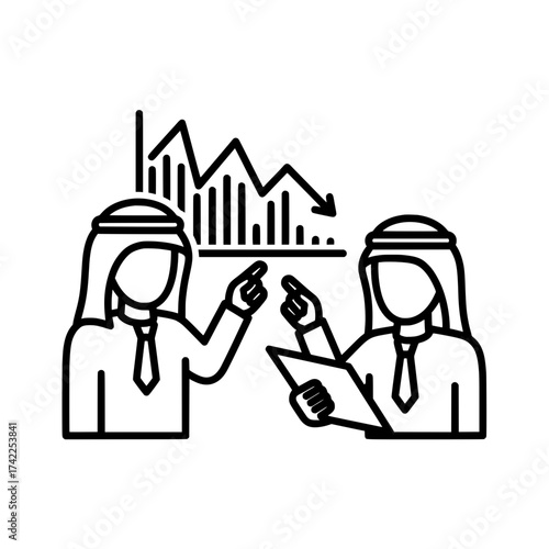 Business people discussing financial data and market analysis.