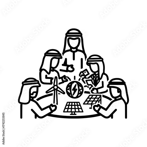 Arab people discussing renewable energy sources and sustainable development.