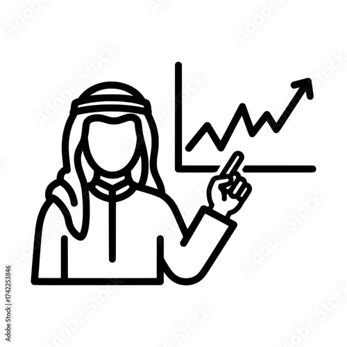 Arab businessman pointing at a graph showing financial growth and success.