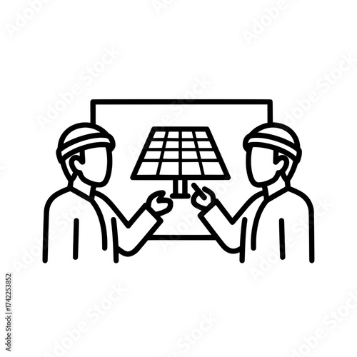 Two engineers discussing solar panel installation and energy efficiency.