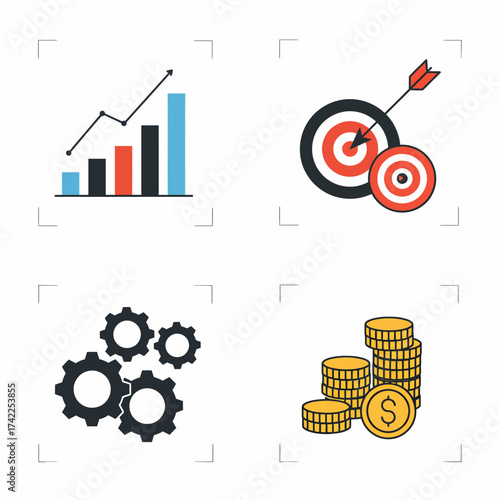 A collection of modern flat design icons symbolizing business strategy, financial growth, target achievement, and operational mechanics