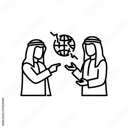 Two Arab men discussing global issues with a broken world globe.