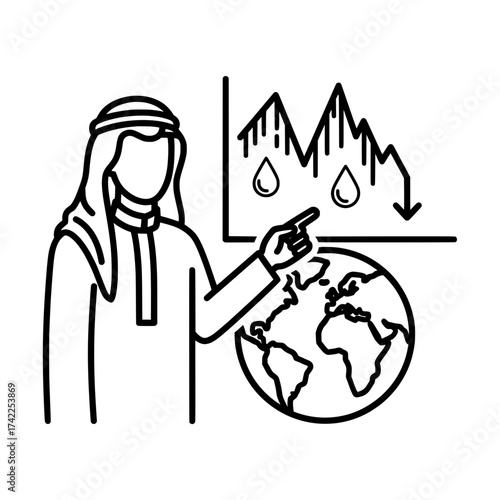 Arab man pointing at a graph showing environmental changes and the earth.