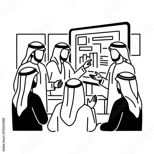 Arab men in traditional attire discussing a presentation.