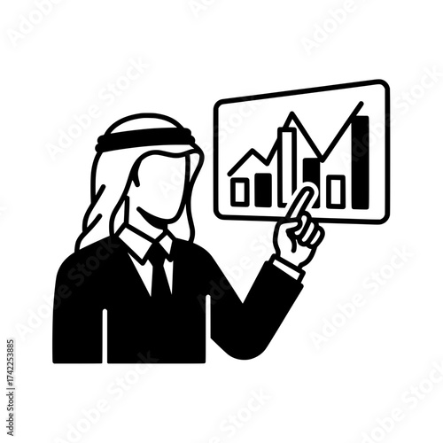 Arab businessman presenting a financial report with a graph on a screen.
