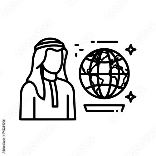 Arab man with globe icon representing global business and travel.