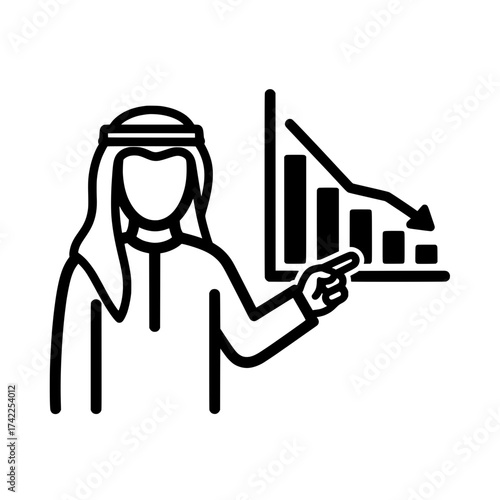 Arab man presenting a declining financial graph business failure concept.