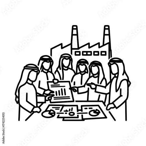 Business meeting of arab people with factory in background.
