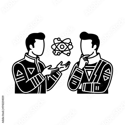 Two scientists discussing atomic structure and scientific concepts.