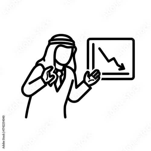Arab businessman presenting a declining graph economic downturn concept.