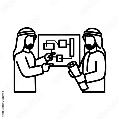 Two Arab men discussing a project plan on a whiteboard.