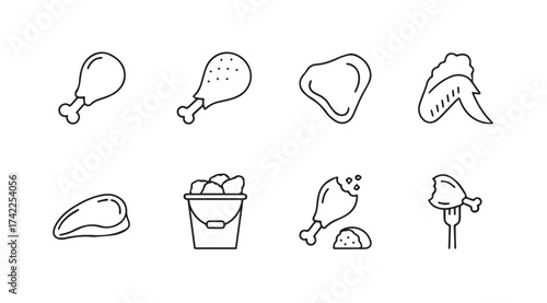 Set of hand drawn icons representing various chicken pieces and fast food vector