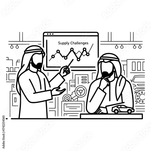 Arab businessmen discussing supply chain challenges in the automotive industry.