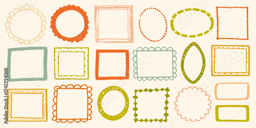 Collection of hand drawn decorative frames and borders in various shapes and colors