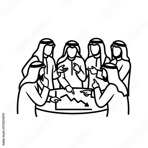 Business meeting of Arab men analyzing a declining graph.