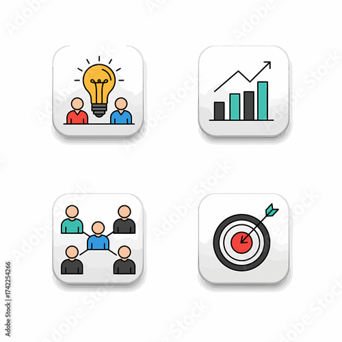 A collection of modern business development icons representing brainstorming, financial growth, team networking, and achieving strategic goals