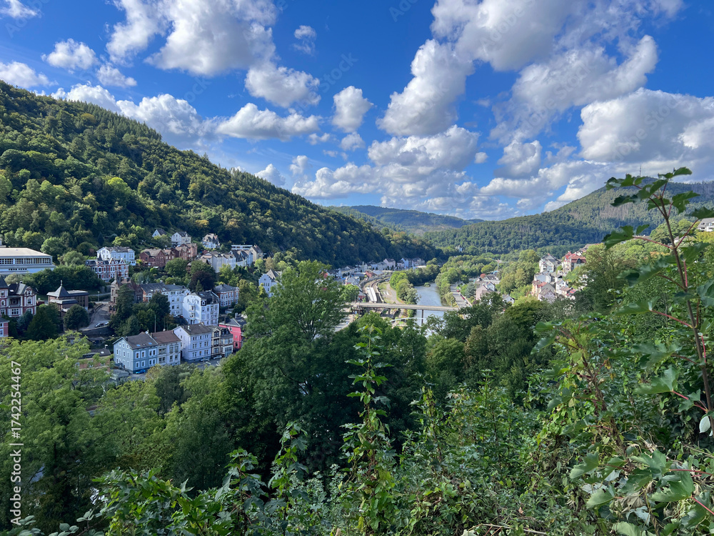 Obraz premium View of Altena city and the Lenne River from a height, North Rhine Westphalia, Germany