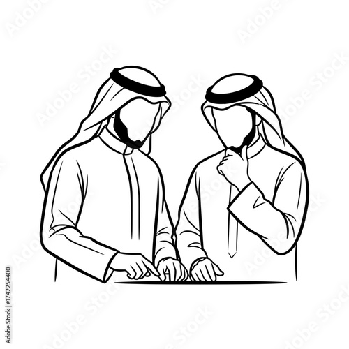 Two Arab men in traditional attire discussing a matter together.