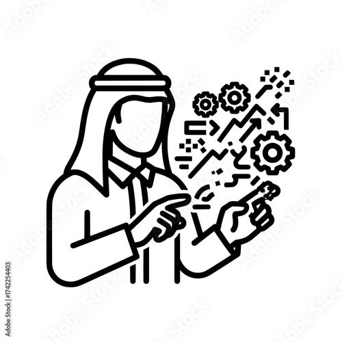 Arab businessman analyzing data and technology with gears and charts.