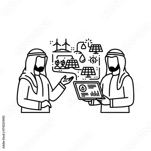 Two Arab men discussing renewable energy sources and technology.