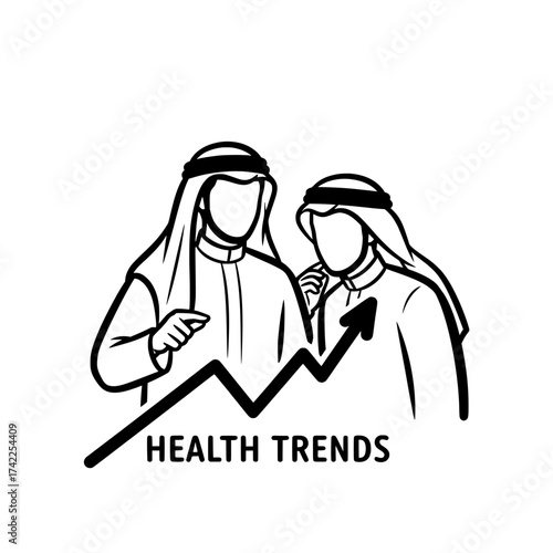 Two Arab men with health trends arrow business and healthcare concept.