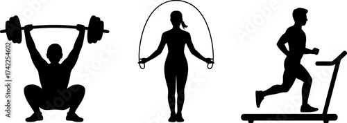Silhouettes of people engaged in diverse fitness activities: weightlifting, jump roping, and running on a treadmill.