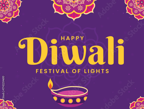 Happy Diwali Hindu festival horizontal banner, mandala ,greeting card, cover. Burning diya illustration