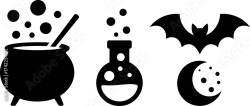 Whimsical Halloween icons: bubbling cauldron, potion bottle, bat, and crescent moon