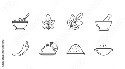 Herbal ingredients and tools for natural medicine and cooking line art icons set vector