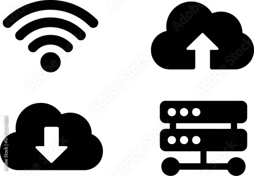 Digital icons representing wireless connection, cloud storage upload and download, and server hardware.