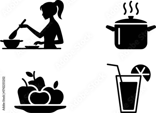 Illustrations of cooking, fruit, and refreshing drinks in a simple, modern style.