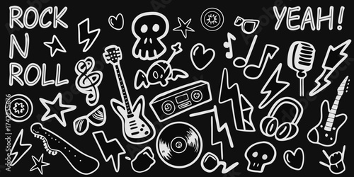Rock and roll music icons and symbols collection with skull and guitar graphics