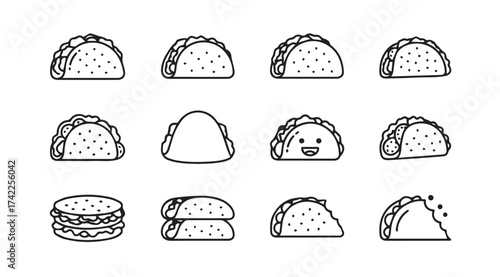 Hand drawn taco icons set featuring various styles and happy faces perfect for mexican food businesses vector